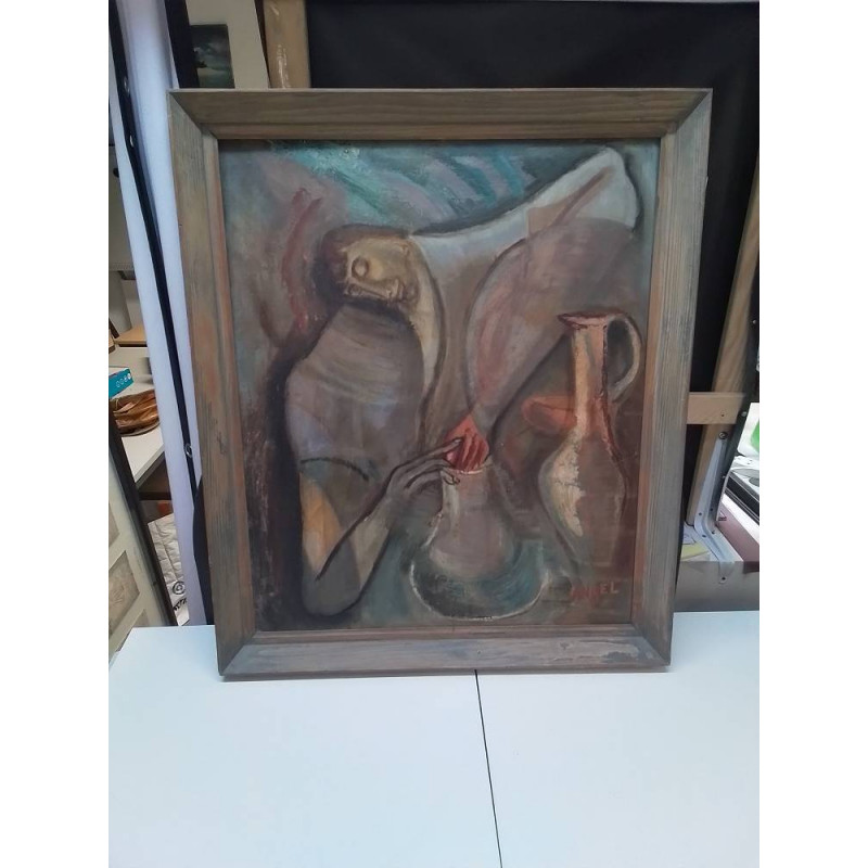 HUILE SUR PANNEAU POTERIE SIGNEE ANGEL