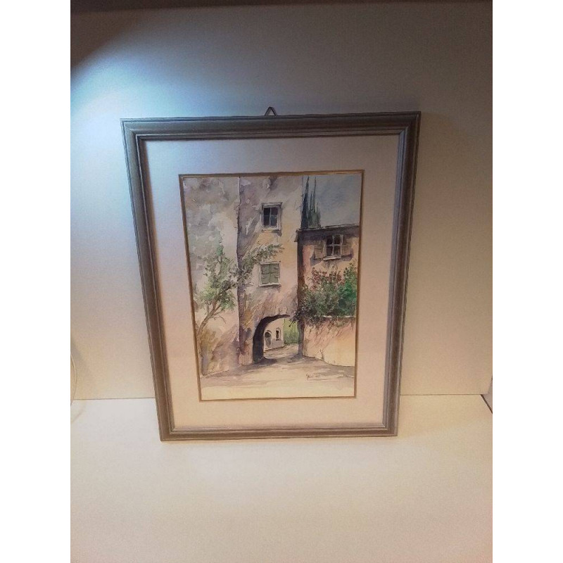 AQUARELLE ENCADRÉE SCÈNE ARCHITECTURALE URBAINE