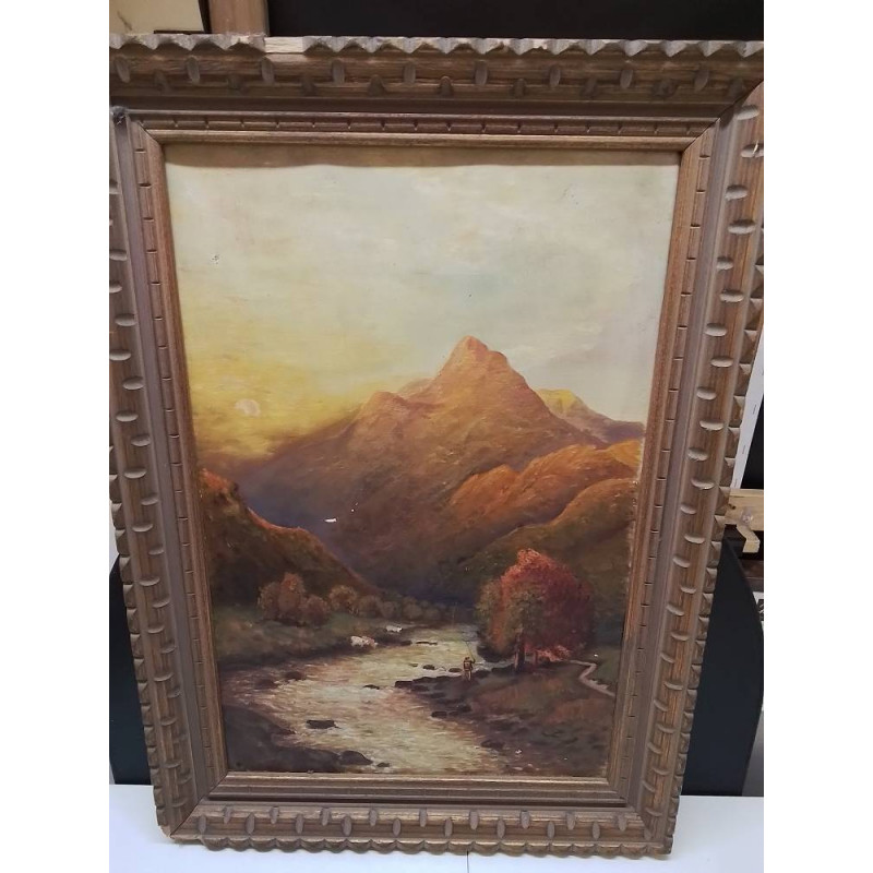 HUILE SUR TOILE ANCIENNE SCENE MONTAGNE A L’AUTOMNE