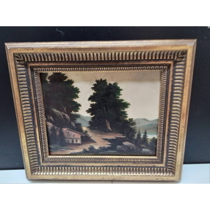 HUILE SUR PANNEAU CHALET CADRE DORÉ 