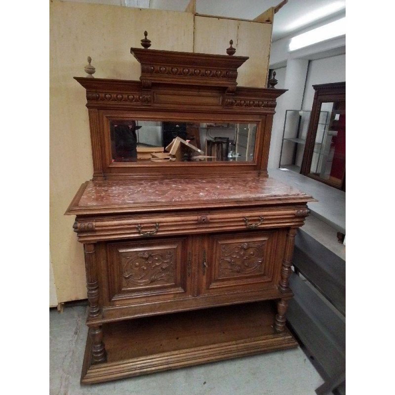 DESSERTE NOYER 2 PORTES 2 TIROIRS VERRE BISEAUTÉ 