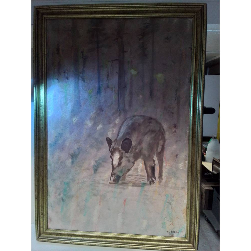 HUILE SUR TOILE SIGNÉE STREA LE SANGLIER 