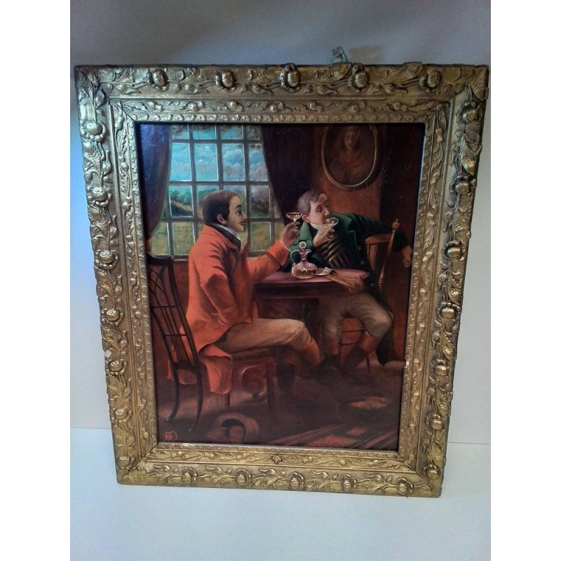 HUILE SUR TOILE DEUX HOMMES EN TRAIN DE TRINQUER 