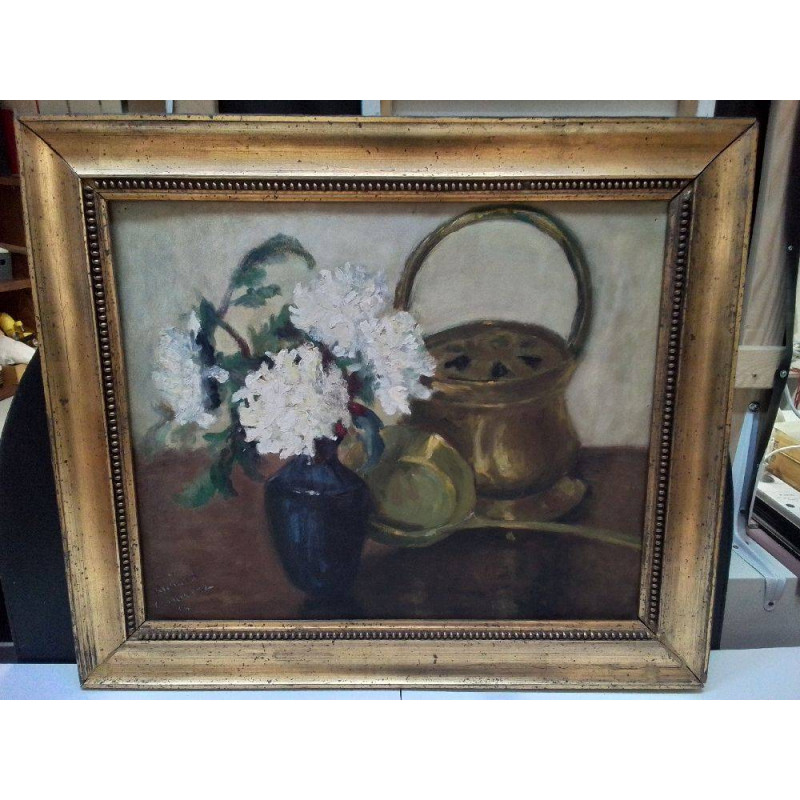 NATURE MORTE SUR PANNEAU ENCADREMENT DORÉ 