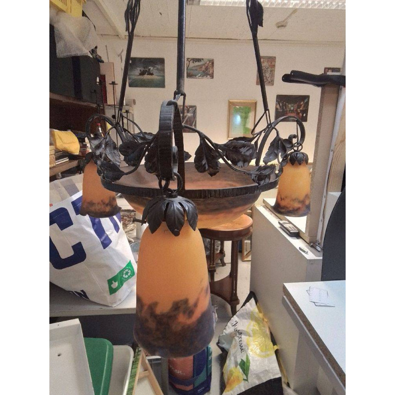 LUSTRE PATE DE VERRE SIGNÉ MULLER FRERES UNE TULIPE EN L ETAT 