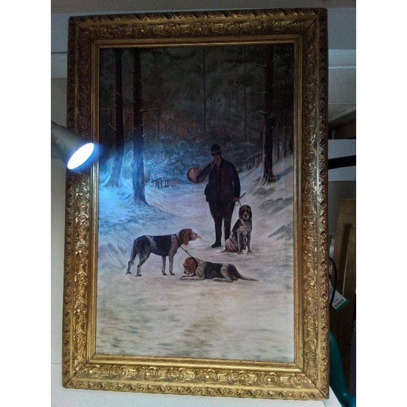 HUILE SUR TOILE’PAYSAGE ENNEIGÉ HOMME ET CHIENS 