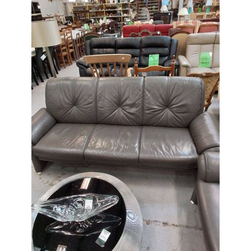 CANAPE CUIR 3 PLACES ET 1 FAUTEUIL CUIR GRIS 