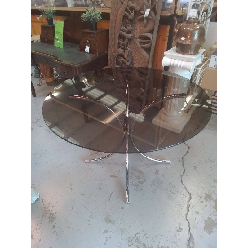 TABLE RONDE VERRE FUMÉ PIED TUBULAIRE 