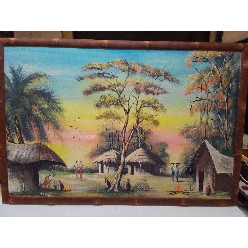 PEINTURE SUR PANNEAU VILLAGE AFRICAIN 