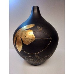 VASE VERRE NOIR MOTIF DORÉ 