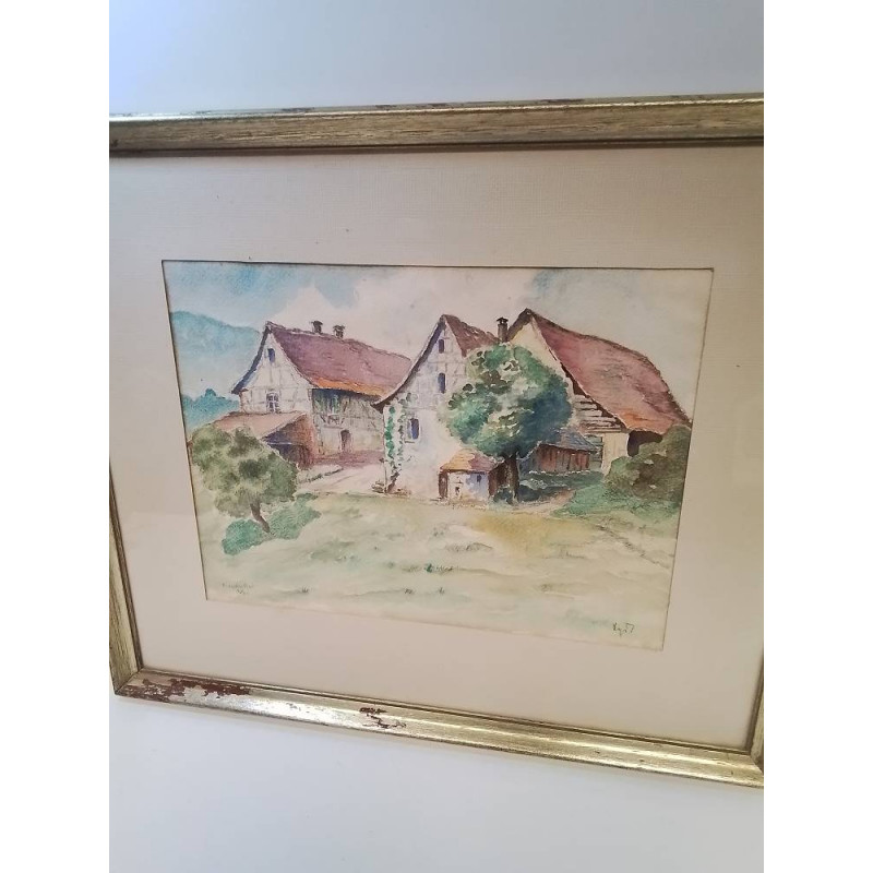 AQUARELLE VUE DU WINECKERTAL ALSACE 