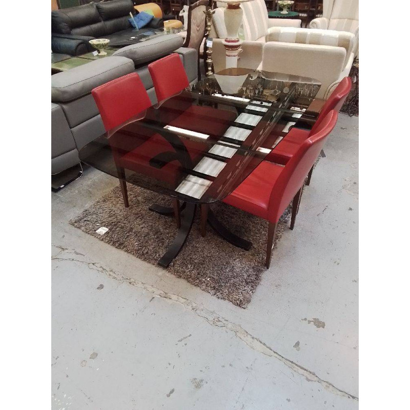 TABLE AVEC PIEDS COURBÉ EN BOIS ET PLATEAU VERRE FUMÉ 