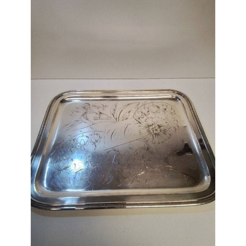PLATEAU METAL ARGENTE MOTIF FLEURS