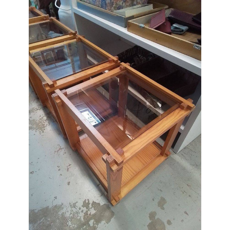 BOUT DE CANAPÉ TABLE BASSE ANNEES 70 PIN ET VERRE FUMÉ 