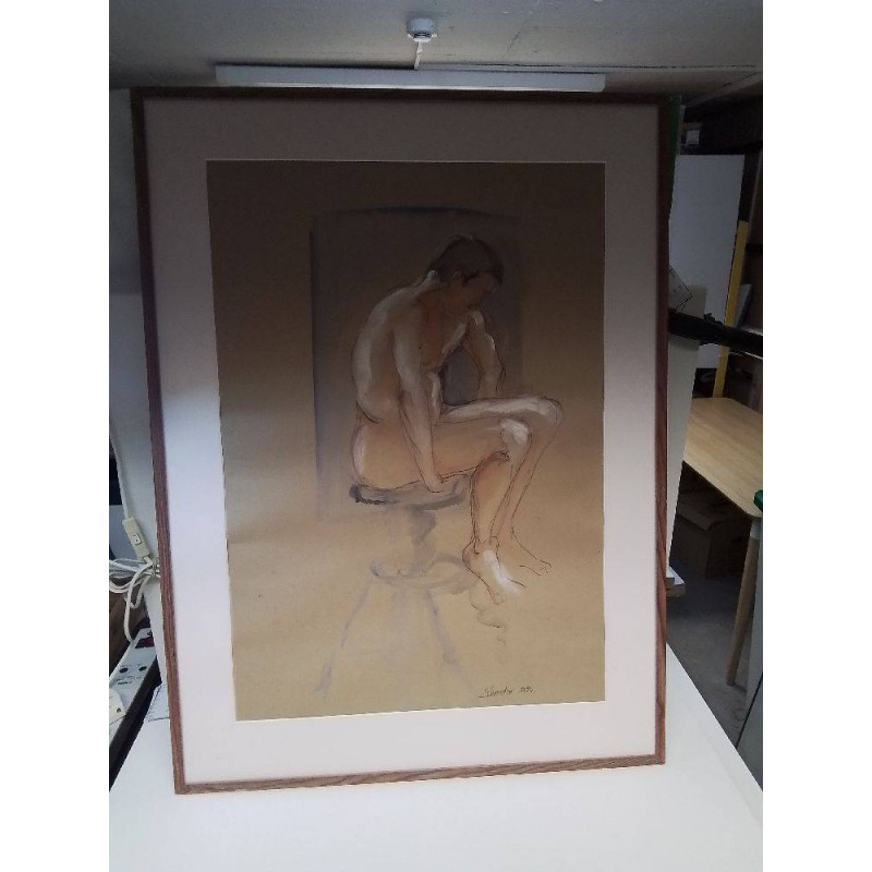 AQUARELLE HOMME ASSIS SIGNÉE 