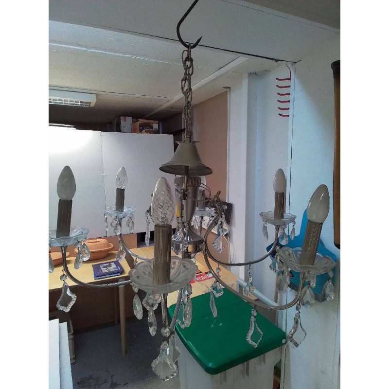 LUSTRE 6 FEUX METAL ARGENTÉ AVEC PAMPILLES 