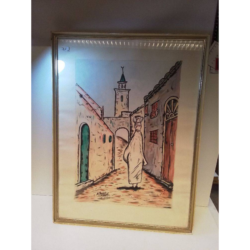 TABLEAU SIGNÉ MOTIF FEMME DANS UNE RUELLE 