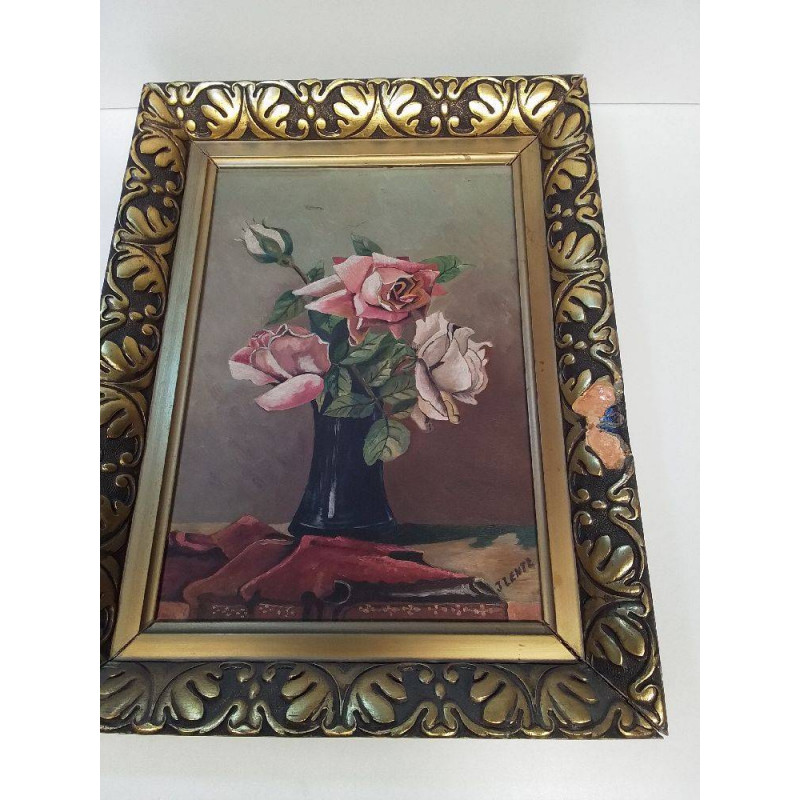 HUILE SUR PANNEAU ROSE SIGNEE LENTZ 