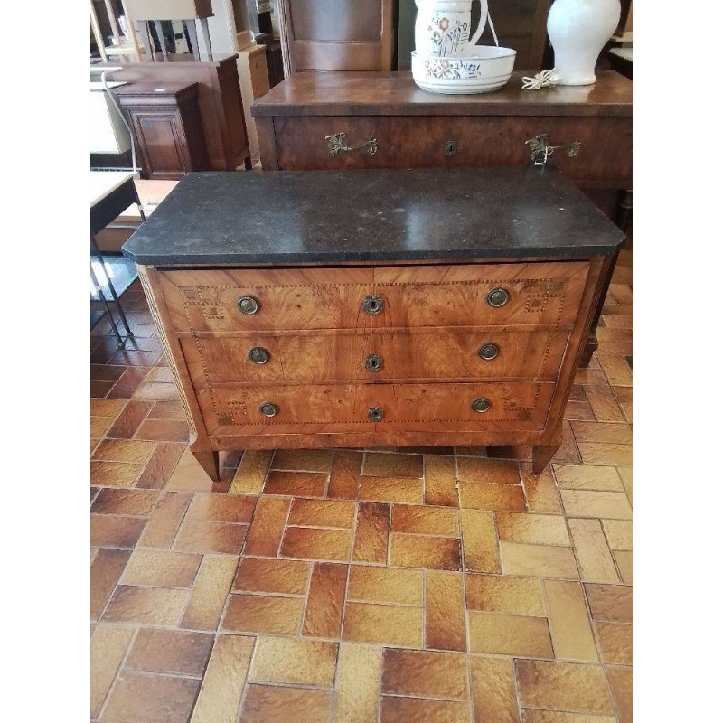COMMODE MARQUETE DESSUS MARBRE 3 TIROIRS 