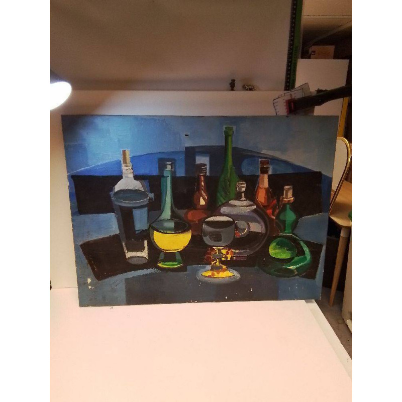 HUILE SUR TOILE VERRES ET BOUTEILLES