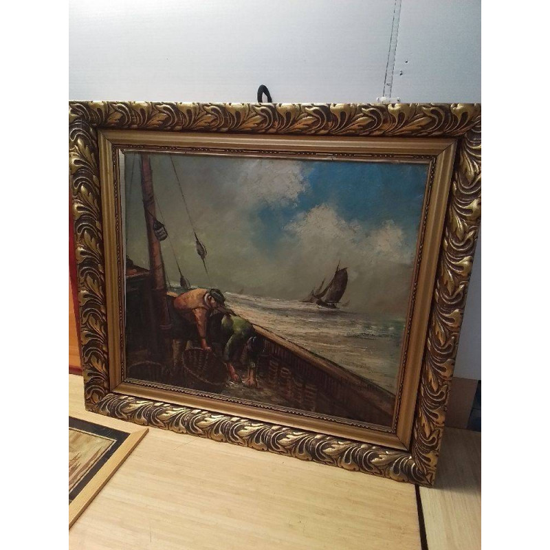 HUILE SUR TOILE SIGNÉE ENCADREMENT DORE THEME MARINE 