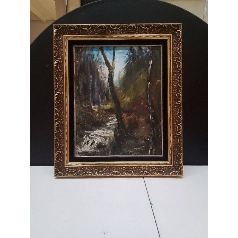 HUILE SUR PANNEAU VUE DE LA FORET SIGNEE 