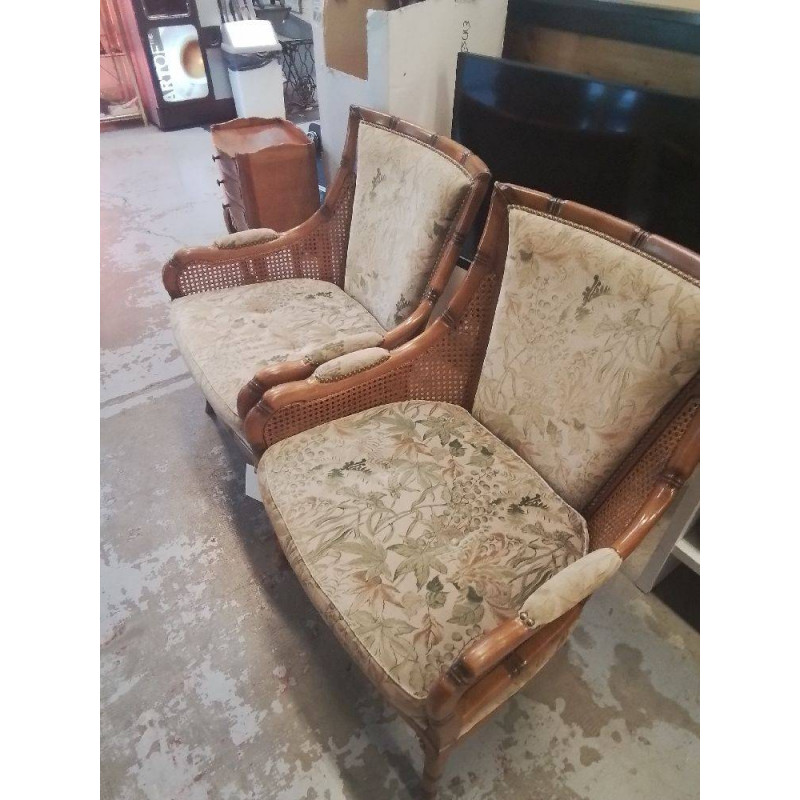 FAUTEUIL STYLE BAMBOU ET CANAGE TISSU BEIGE LA PIECE