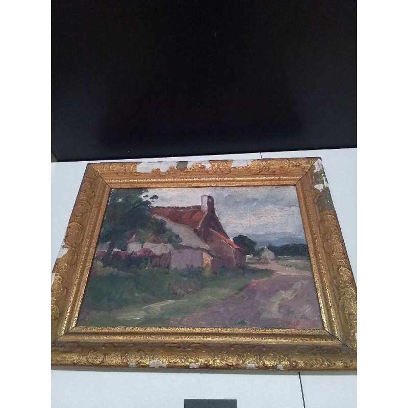 PEINTURE ANCIEN SCENE VILLAGEOIS 