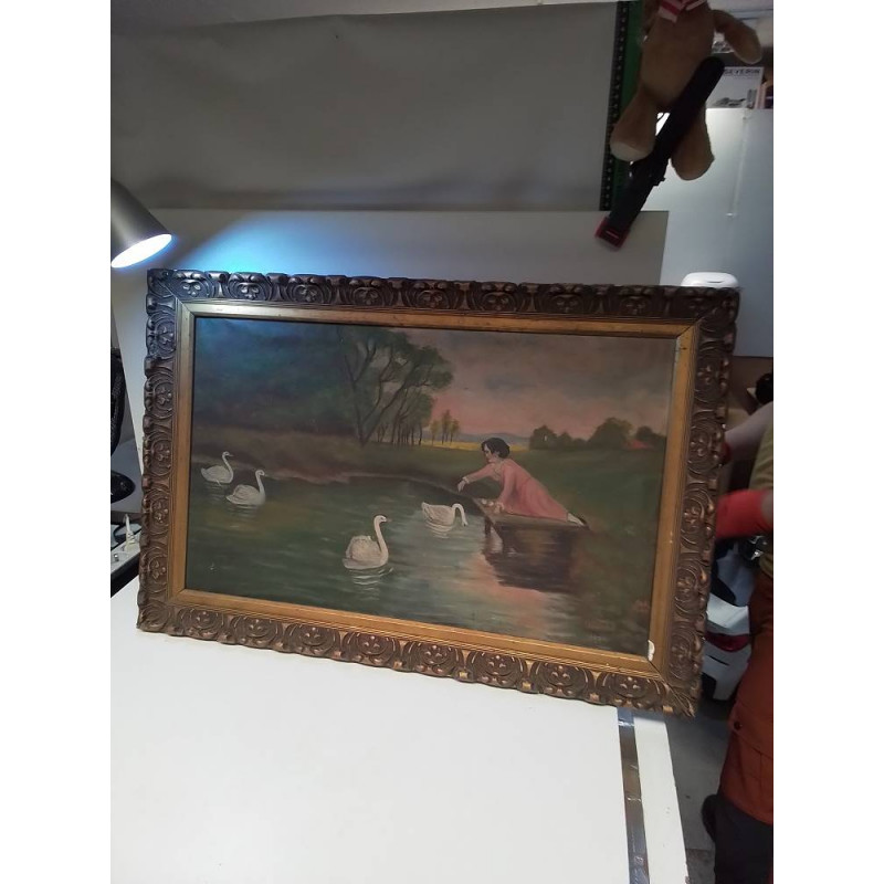 HUILE SUR TOILE SCENE DE CYGNES 