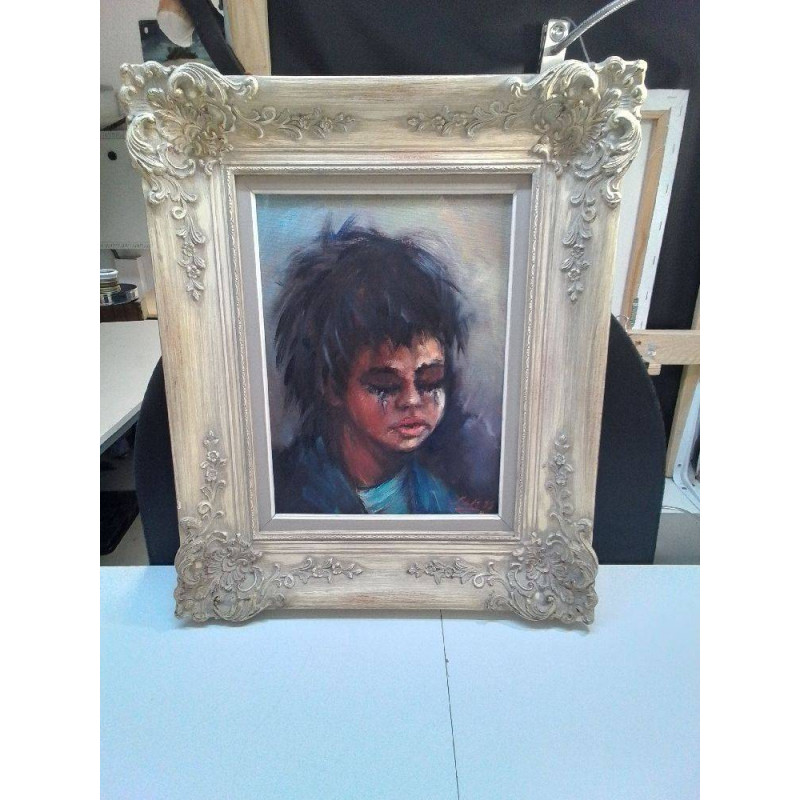 HUILE SUR TOILE PORTRAIT ENFANT LARMOYANT SIGNÉE 