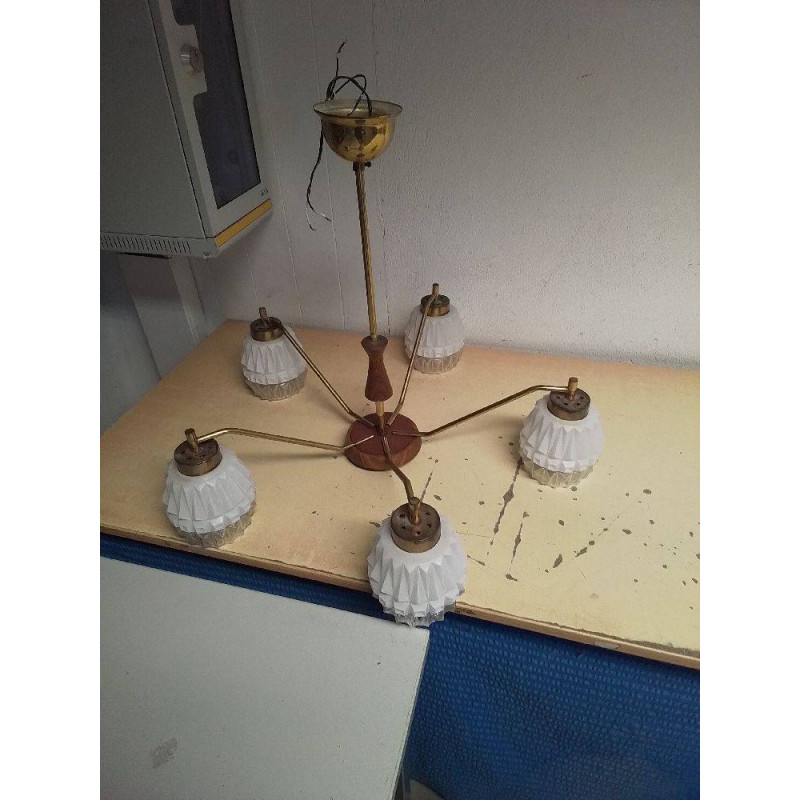 LUSTRE 5 FEUX BOIS LAITON